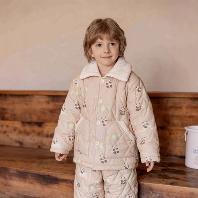 冬季男童新品三层加厚夹棉睡衣儿童御寒家居服可外穿保暖两件套