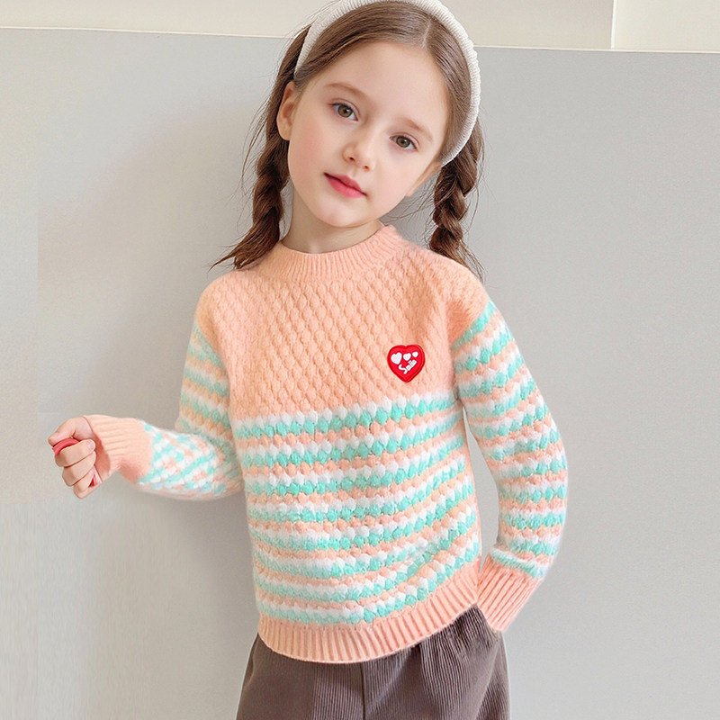 2025秋冬新款加绒加厚圆领打底针织衫心形纯棉中大女童宝宝毛衣