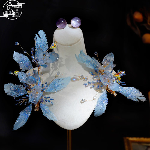 优颖新款碎钻蓝色花朵羽毛边夹水晶装饰氛围感甜美头饰拍照写真