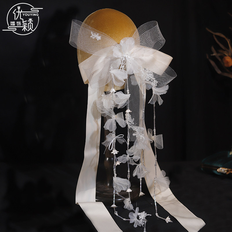 优颖新款超仙白色蝴蝶结流苏发夹新娘结婚高级感闪亮水晶发饰