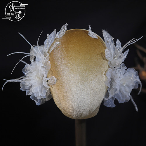 优颖新款超仙白色羽毛蕾丝花朵新娘头饰发夹婚纱盘发对夹拍照发饰
