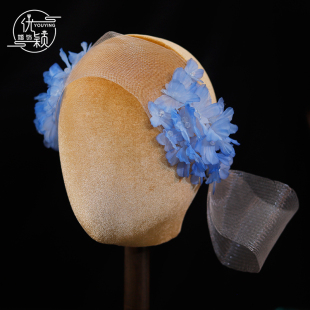 优颖新款超仙蓝色渐变蝴蝶与花网纱发夹头饰结婚发饰婚纱礼服配饰