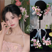 油画风淡雅粉仙气风铃花蝴蝶结对夹头花边夹结婚纱礼服新娘头饰品
