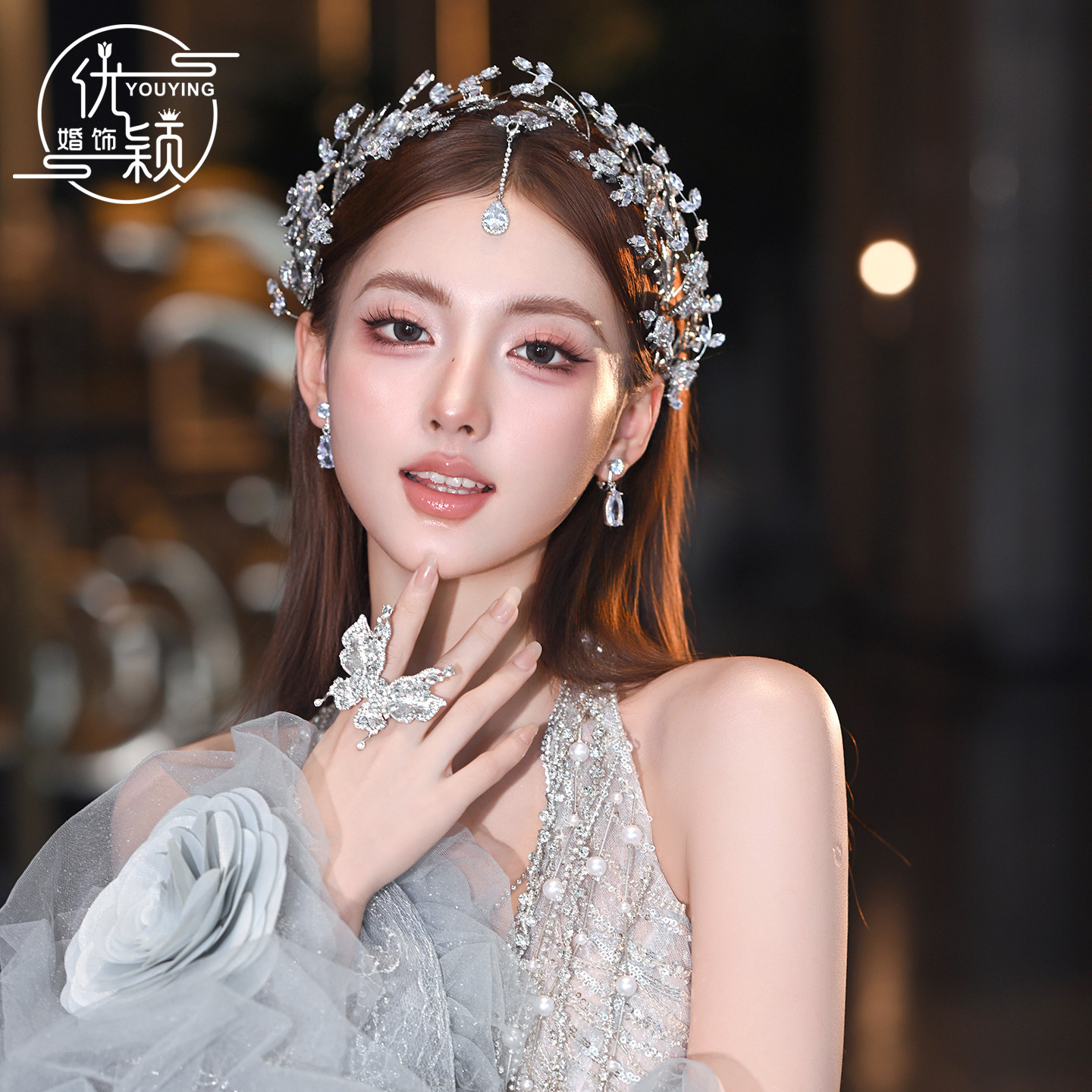 优颖新娘超闪高端奢华气质锆石皇冠可拆额链婚纱礼服影楼公主冠配