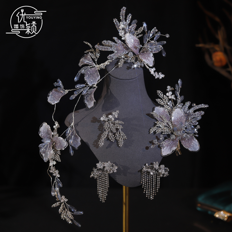 新中式南洋风新娘头饰高级感紫粉色水凝花朵边夹秀禾晨袍重工发饰