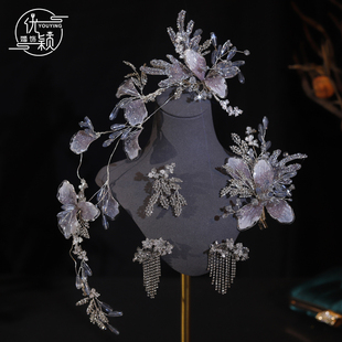 新中式南洋风新娘头饰高级感紫粉色水凝花朵边夹秀禾晨袍重工发饰