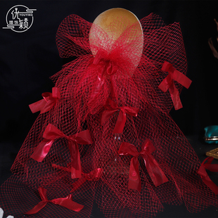 新娘酒红色蝴蝶结主婚纱超仙森系法式复古硬纱蓬蓬纱摄影造型头饰