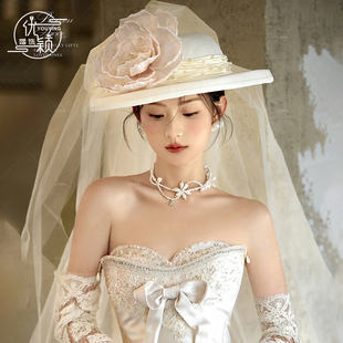 优颖饰品原创设计高定手工复古帽子手工制作法式米色纱帽新娘礼帽