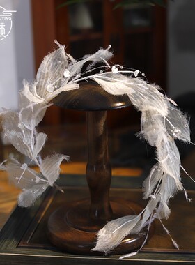 优颖新款超仙手工烫花白色叶片串珠新娘花环头饰森系白纱旅拍配饰