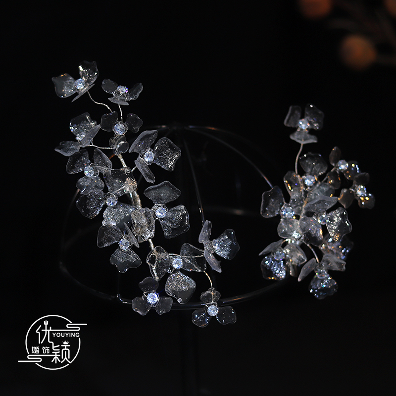 优颖手工边冰透闪粉花朵发夹新娘头饰韩式减龄发饰婚纱晚礼服配饰