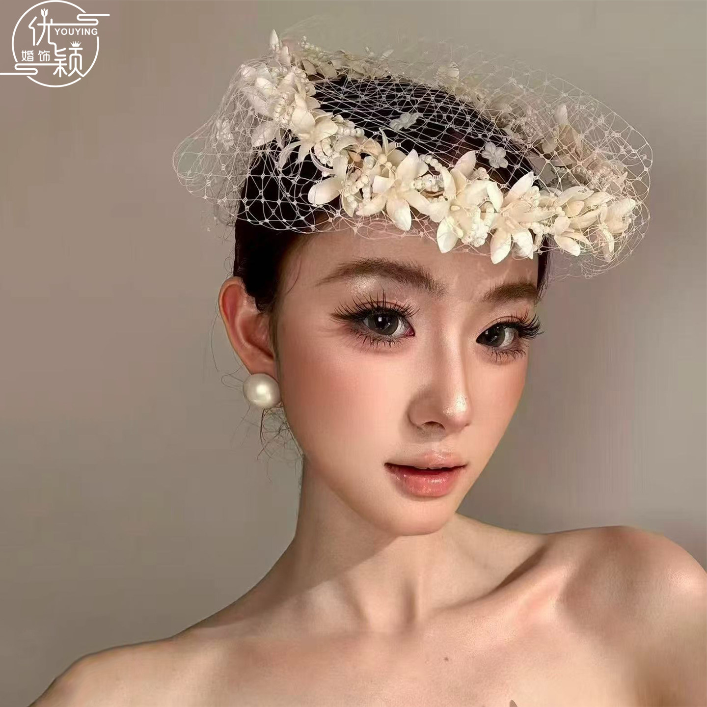 优颖超仙高级感法式帽子新娘白色串珠花朵网纱礼帽饰婚纱礼服配饰