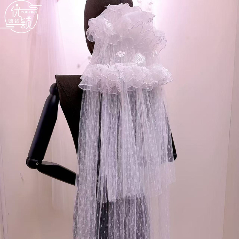 优颖新款法式白色蕾丝花朵新娘头纱重工仙女旅拍礼服拍照婚纱配饰