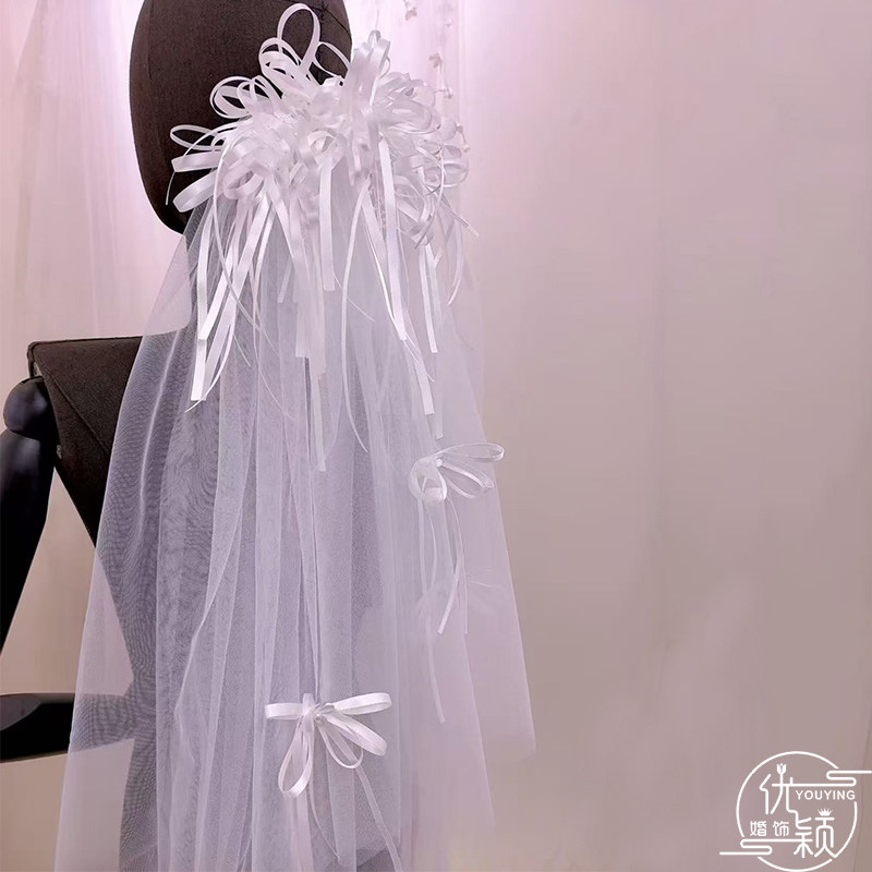 优颖新款法式白色丝带蝴蝶结花朵新娘头纱重工仙女旅拍婚纱配饰
