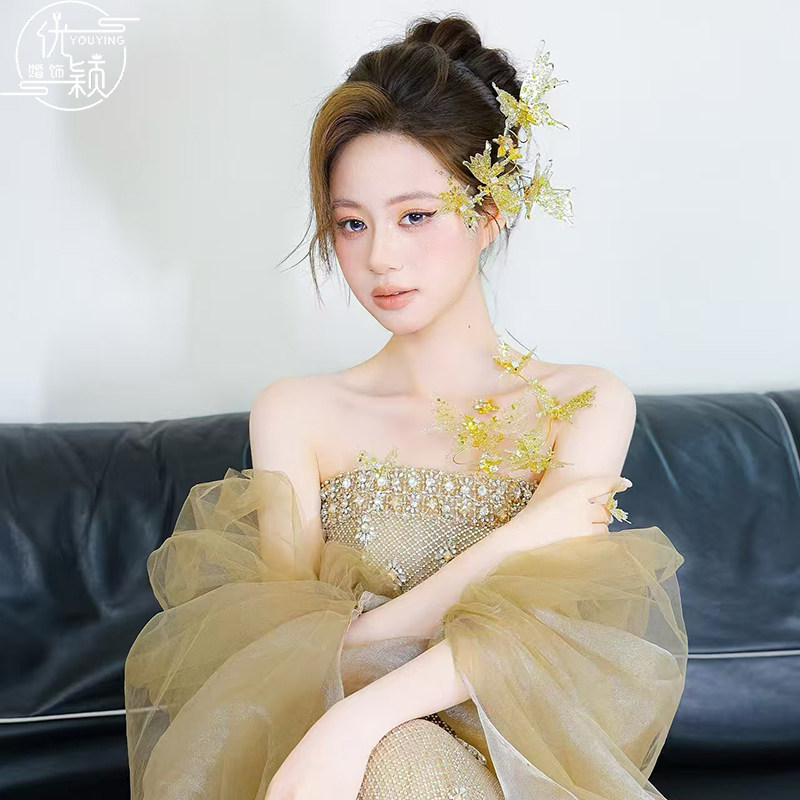 优颖花朵蝴蝶金色碎钻对夹发饰女梦幻仙女风重工网纱新娘晚宴头饰
