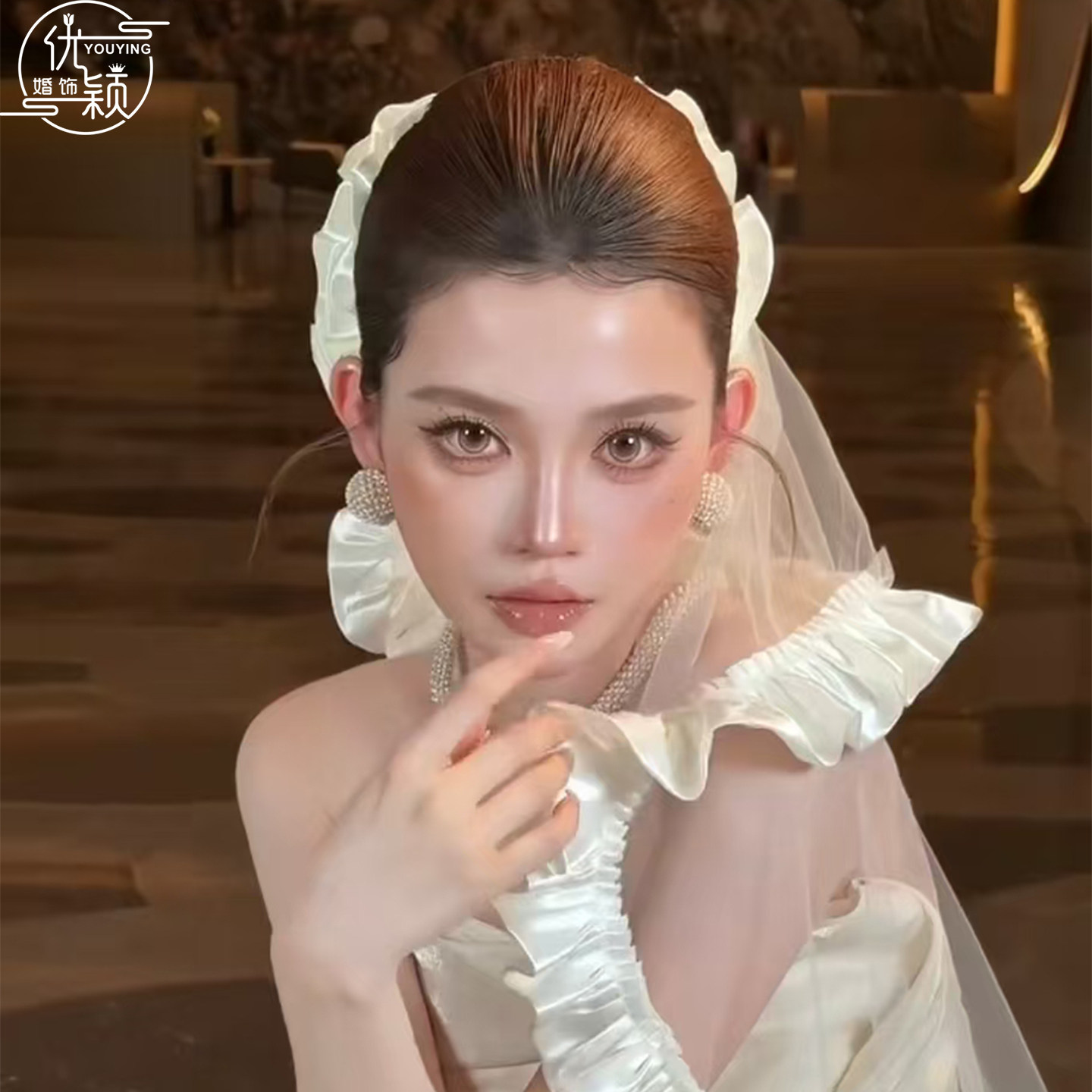 优颖新款法式高级感新娘花朵头纱白色荷叶边公主甜美婚纱拍照配饰