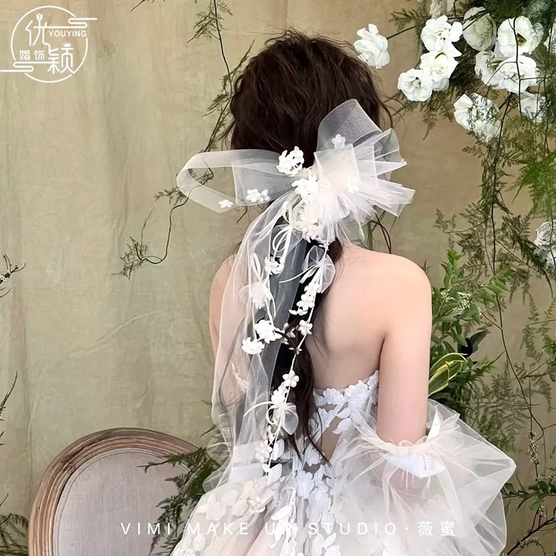 法式仙美新娘发饰复古碎花蝴蝶结森系结婚头饰韩式婚纱礼服配饰品