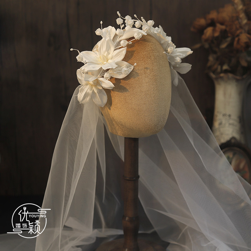 森系新娘头饰白色花朵头纱领证超仙结婚礼服减龄头花拍摄外景配饰