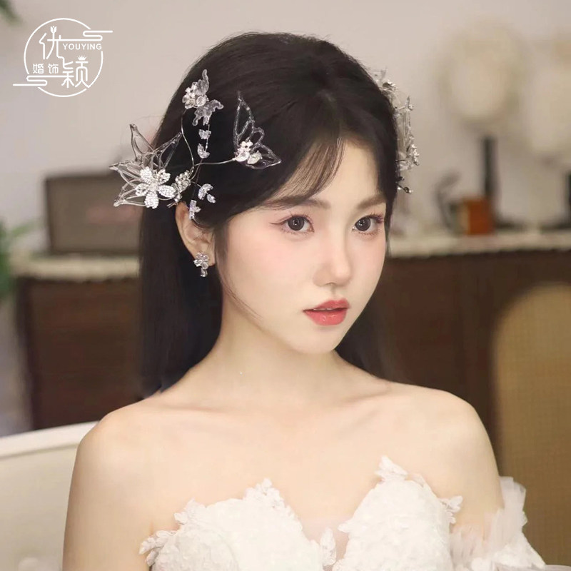 韩式简约大气水晶蝴蝶侧边夹耳挂配饰新娘结婚头饰晚礼服婚纱发饰
