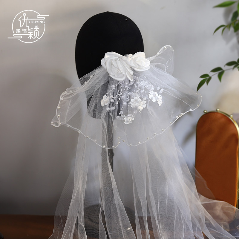新娘森系唯美花朵复古长款头纱结婚纱影楼外景写真造型高级配饰品
