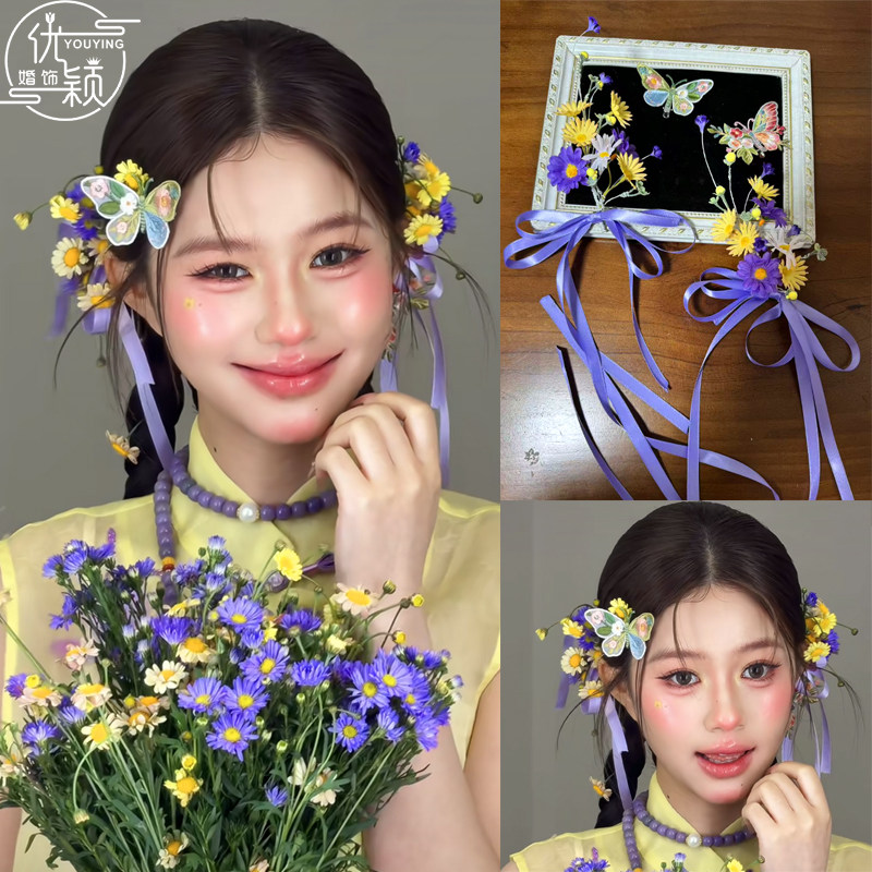 唯美新款田园风小雏菊蝴蝶结流苏发夹森系超仙新娘影楼造型头饰品