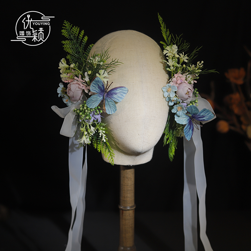 优颖森系少女绿植花朵蝴蝶仙美飘带发夹头饰新娘结婚外景写真配饰