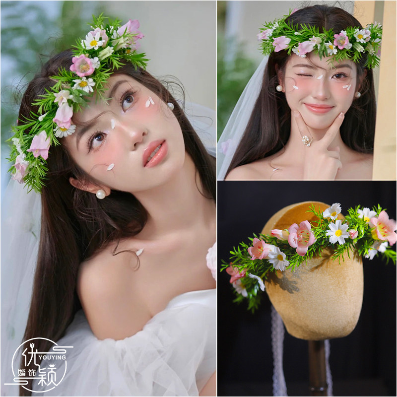 森系仿真花头饰清新粉色风铃小雏菊花草花环甜美新娘写真造型配饰