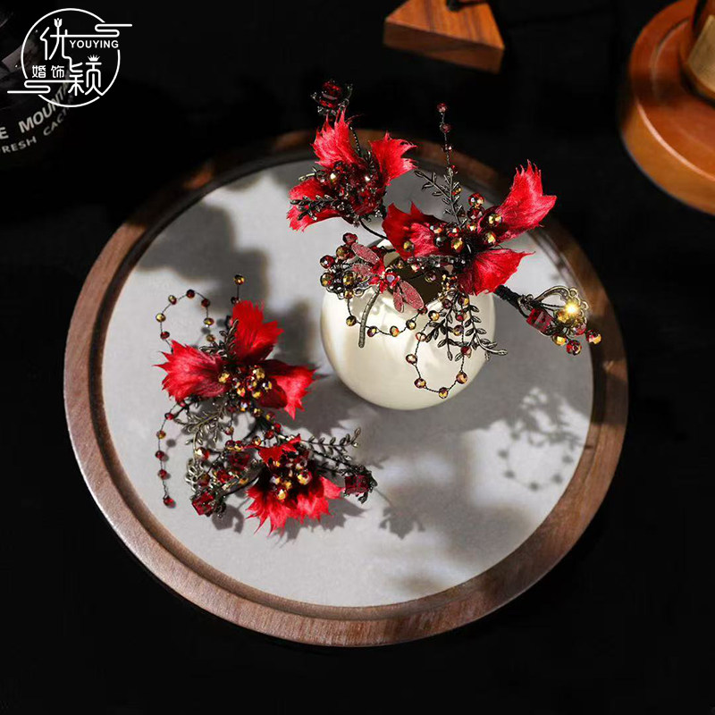 新款新娘头饰红色高级简约花朵发簪中式龙凤褂秀禾礼服发饰品配饰