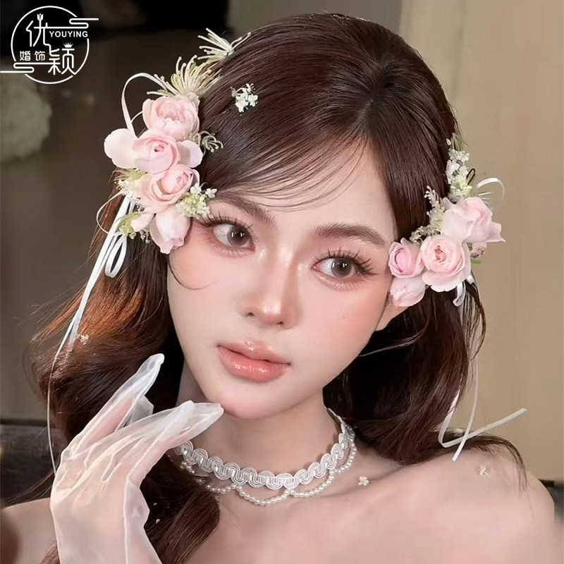优颖新款新娘结婚头饰森系粉色头花发夹影楼拍照婚纱晨袍造型配饰