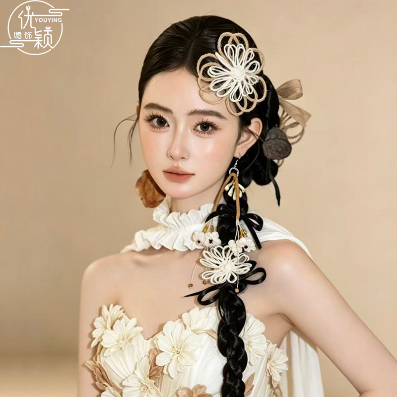 优颖新款小众头饰手工编织花朵蝴蝶结发夹新中式旗袍礼服编发配饰