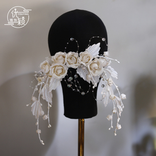 优颖浅香槟色花朵清新小铃兰新娘盘发头花跟妆甜美婚纱写真头饰品