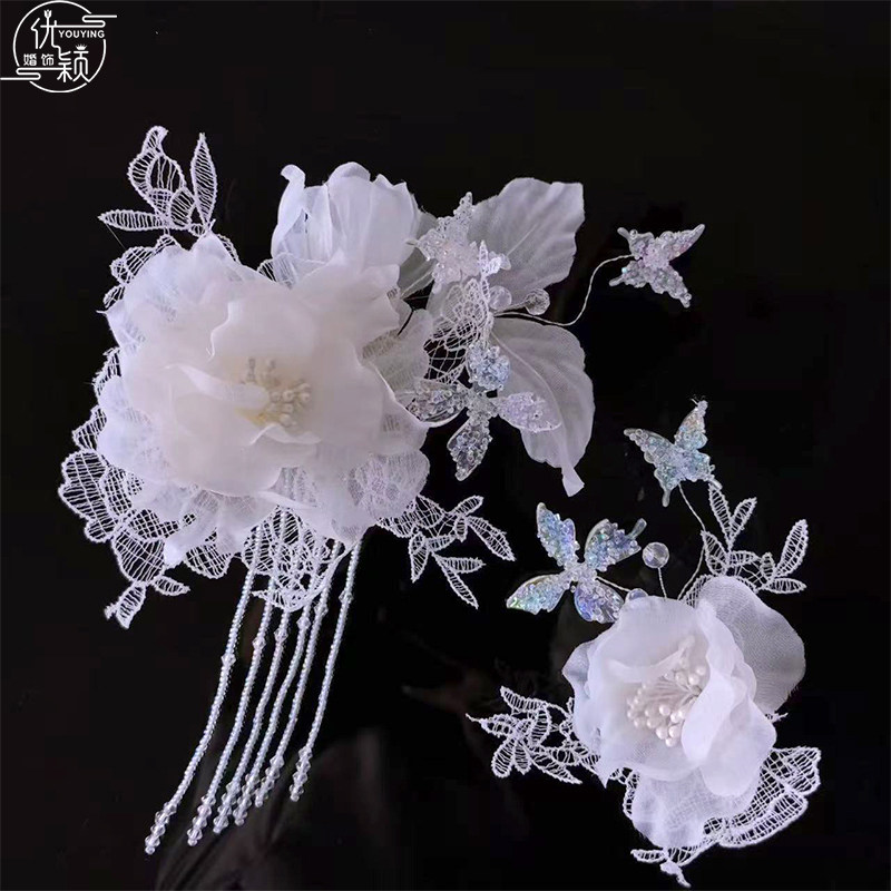 优颖新款甜御风白色蕾丝花朵蝴蝶流苏发夹边夹新娘头饰高级感发饰