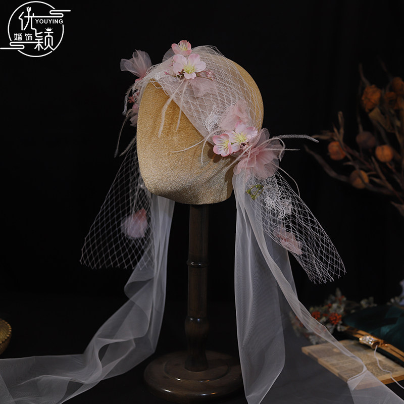新款法式甜美粉色花朵羽毛发带头饰2025春季复古结婚婚纱礼服配饰