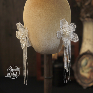 高端手作串珠刺绣花瓣流苏耳夹新娘结婚复古婚纱礼服写真旅拍饰品