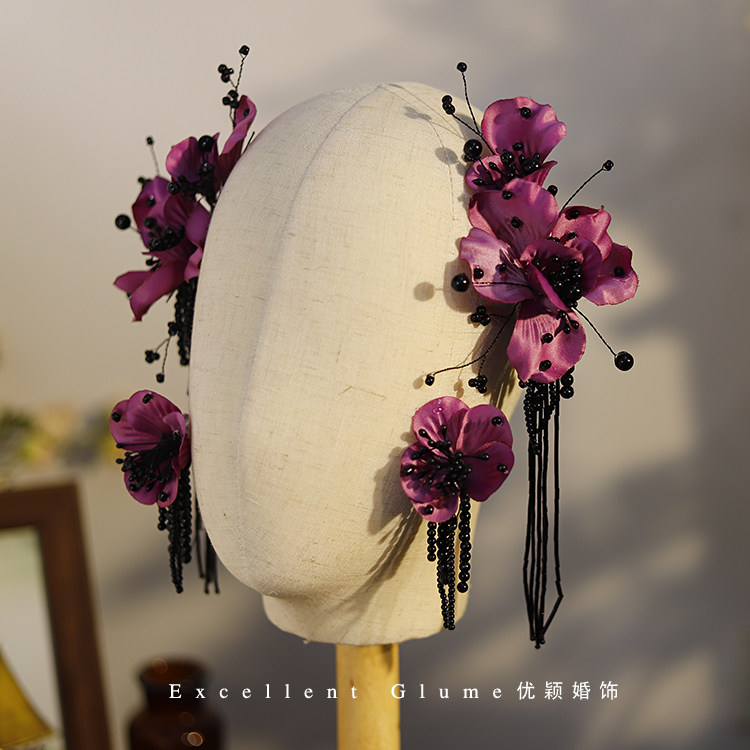 法式复古紫红色黑花蕊发夹头饰