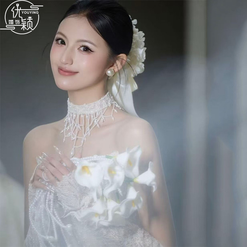 优颖新款韩系白色花环后区仙美头饰新娘甜美盘发高级感气质发饰