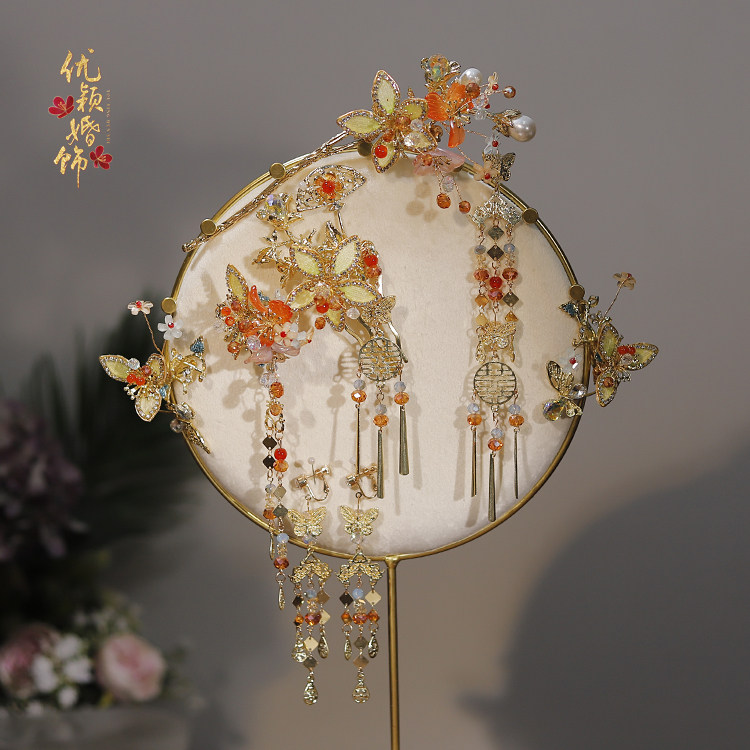中式头饰秀禾服橘色水晶花套装