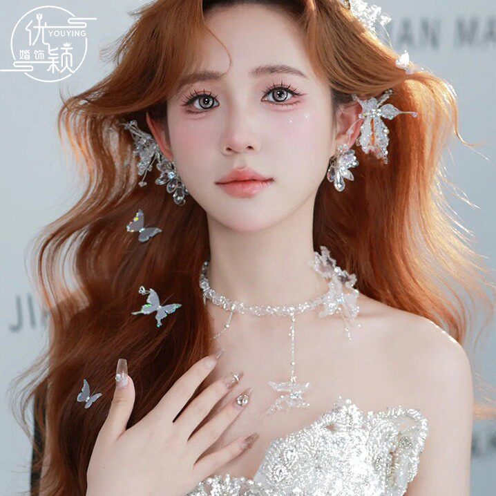 优颖梦幻新款透明水凝蝴蝶串珠吊坠项链新娘婚纱颈链写真日常配饰