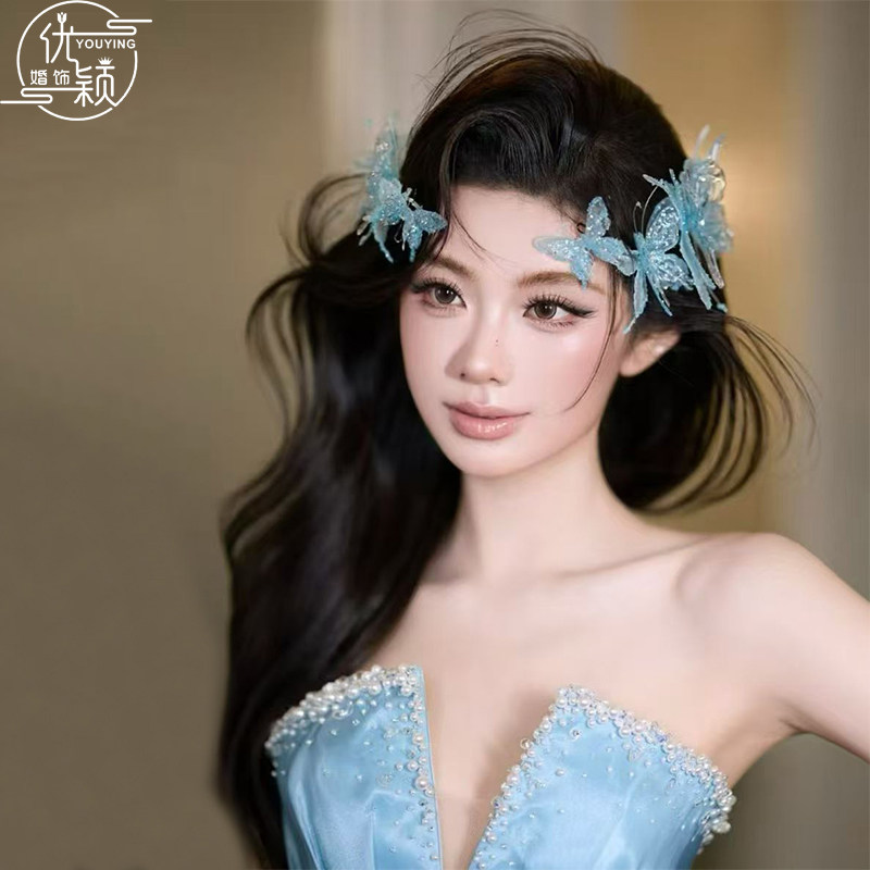 优颖新款仙气蓝色立体水晶蝴蝶发夹新娘婚纱礼服甜美氛围感头饰