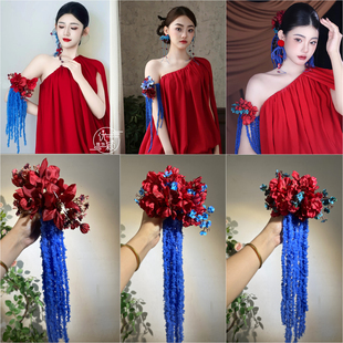 优颖新款森系新娘头饰红色花朵灵动手绑花影楼发饰婚纱礼服配饰品