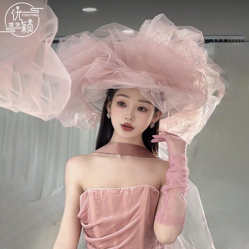 法式复古高级感抓纱粉色云朵大礼帽长款头纱旅拍样片婚纱摄影头饰