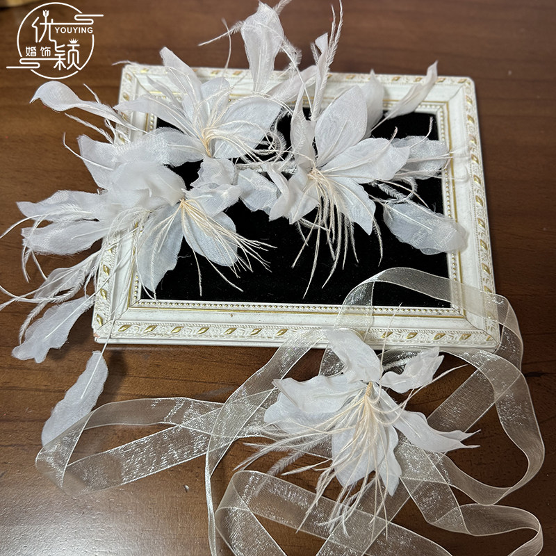 优颖精致仙气白色蕾丝羽毛绢纱花头饰颈链新娘婚纱项链气质发饰品