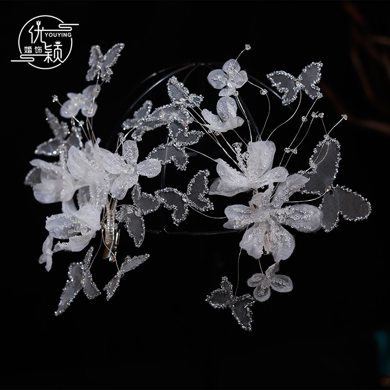 新款仙气闪亮蝴蝶蕾丝碎钻边夹