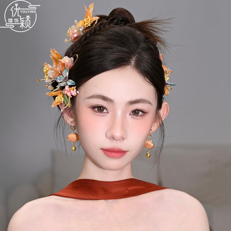 优颖新娘发饰手工金色花朵发簪套装复古精致中式婚庆饰品旗袍配饰
