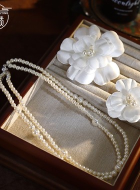 法式浪漫优雅复古花朵双层珍珠锁骨链超仙气质少女新娘结婚项链