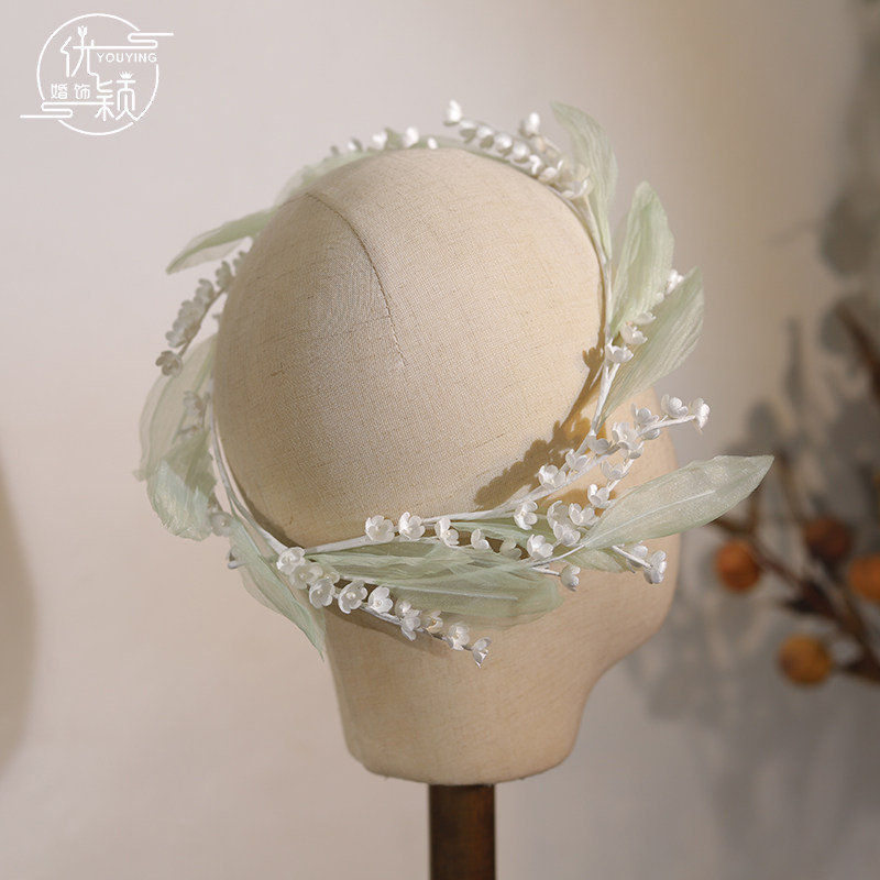 优颖森系清晰薄荷绿叶铃兰藤曼头饰花环新娘头饰礼服写真造型头花