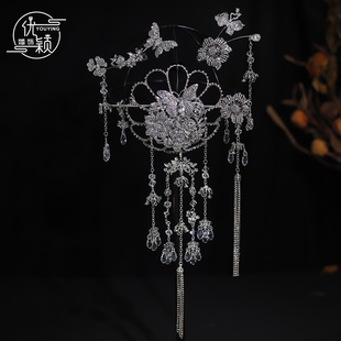 优颖原创新银白色闪耀水钻白月光中式新娘头饰秀禾汉服古风配饰品