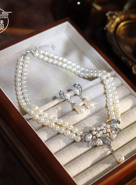 新款复古双层珍珠项链优雅choker锁骨链耳环套装新娘婚纱礼服配饰