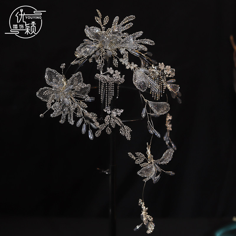 优颖新品奢华银色水晶花瓣头饰套装新娘主婚纱梦幻套装跟妆发饰品