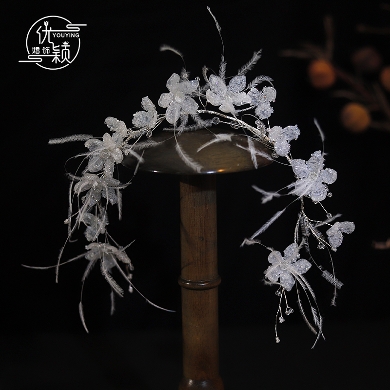 仙美水晶蝴蝶串珠发饰羽毛发带森系大气高级主婚纱造型礼服配饰品