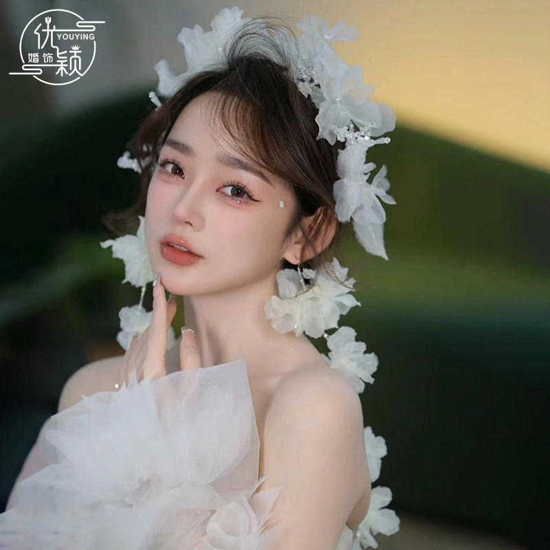 新款超仙手工绢纱花朵发箍气质新娘婚纱礼服写真旅拍造型跟妆头饰